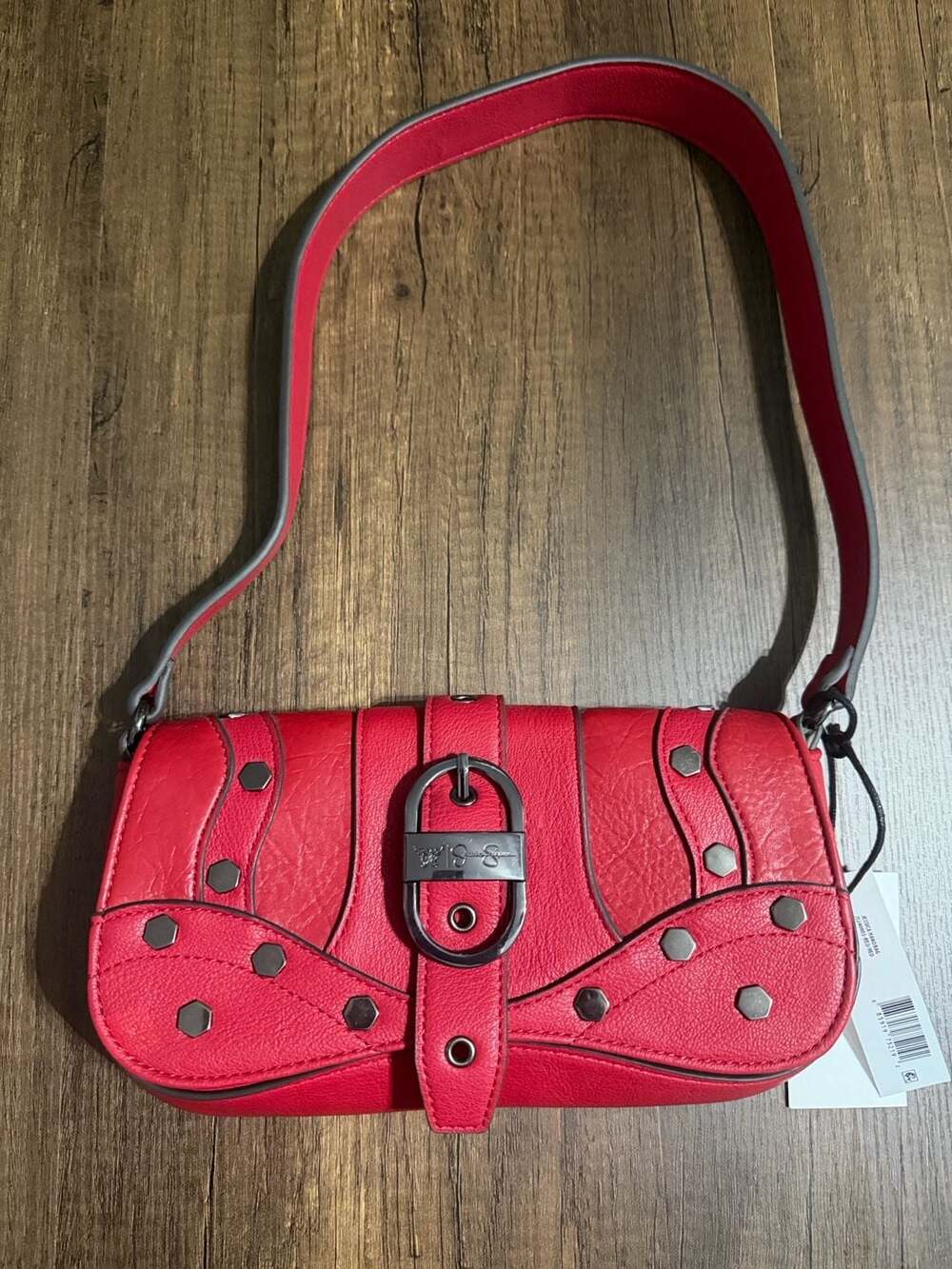 Jessica Simpson Courtney Flap Shoulder Handbag Red Faux Leather Studded